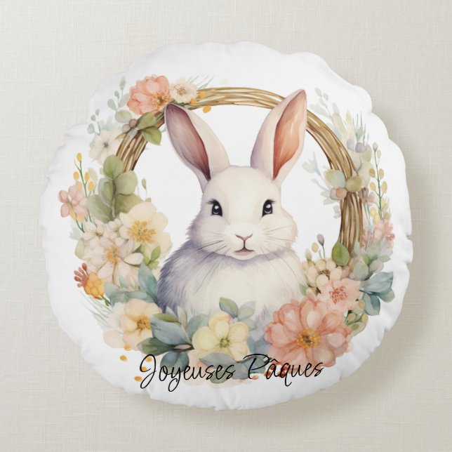 Joyeuses Pâques Easter Bunny In A Floral Wreath Round Pillow (Front)
