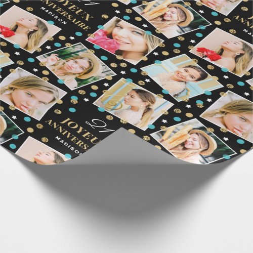 Joyeux Anniversaire Confetti Photo Name Teal Wrapping Paper