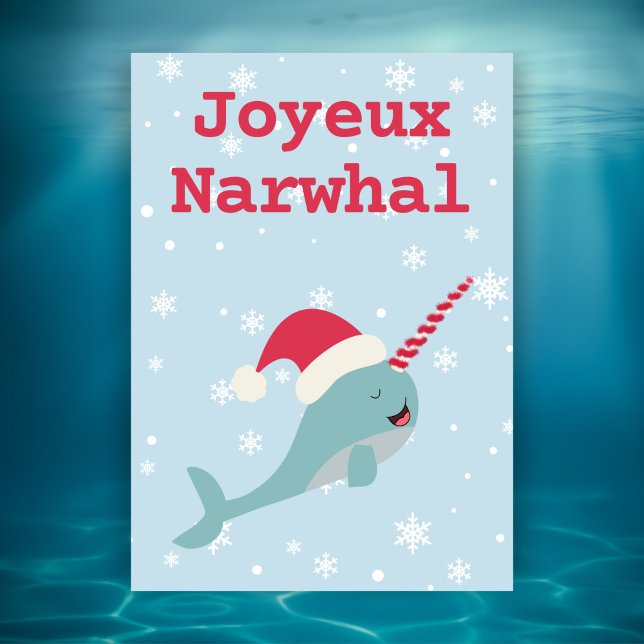 Joyeux Narwhal pun Merry Christmas Holiday Postcard (Creator Uploaded)