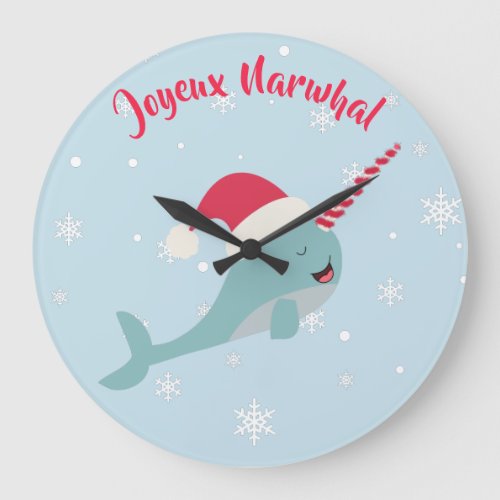 Joyeux Narwhal whale pun French Christmas Holiday Large Clock