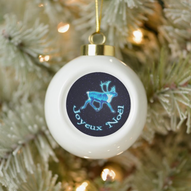 Joyeux Noёl - Blue Caribou (Reindeer) Ceramic Ball Christmas Ornament (Tree)