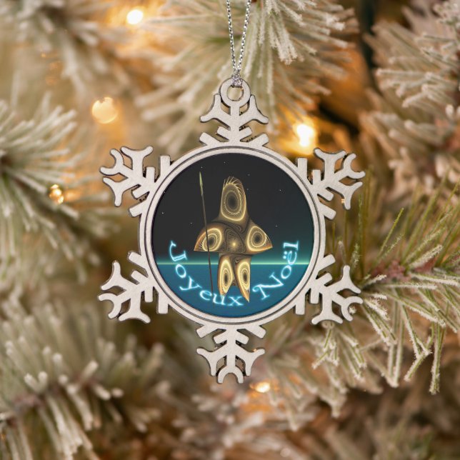 Joyeux Noёl - Fractal Inuit Hunter Snowflake Pewter Christmas Ornament (Tree)