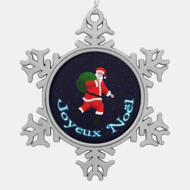 Joyeux Noёl - Santa Claus Snowflake Pewter Christmas Ornament (Front)