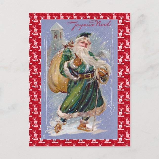 Joyeux Noel aka Merry Christmas Green Santa Claus Holiday Postcard (Front)