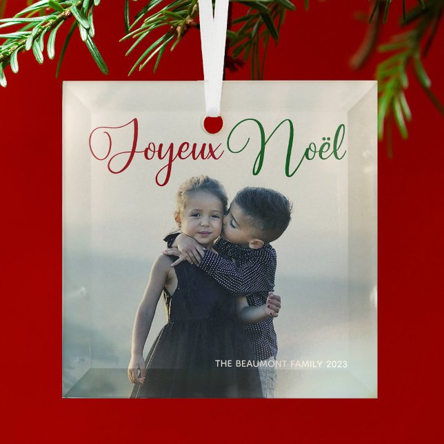 Joyeux Noël Beautiful Family Photo Christmas Glass Ornament (Creator Uploaded)