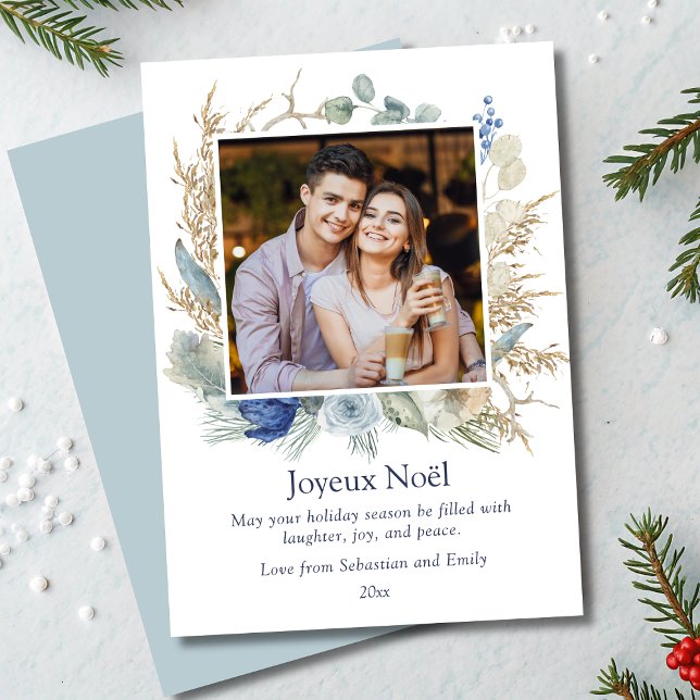 Joyeux Noël Boho Floral Photo Christmas Cards (Creator Uploaded)
