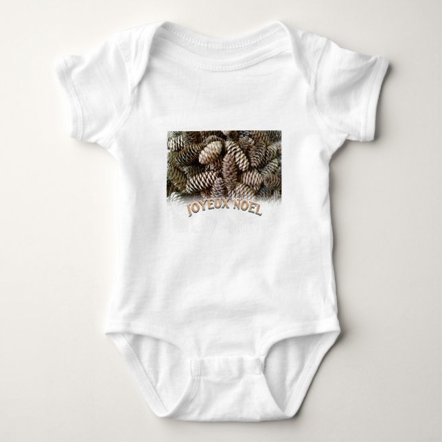Joyeux Noel Christmas Holiday Pine Cone Baby Bodysuit (Front)