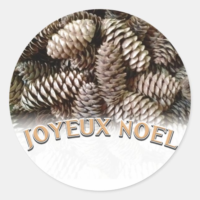 Joyeux Noel Christmas Holiday Pine Cone Classic Round Sticker (Front)