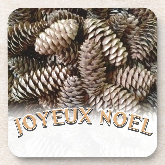 Joyeux Noel Christmas Holiday Pine Cone Drink Coaster (Front)