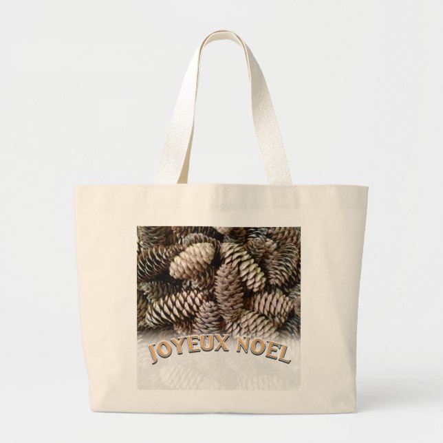 Joyeux Noel Christmas Holiday Pine Cone Large Tote Bag (Front)