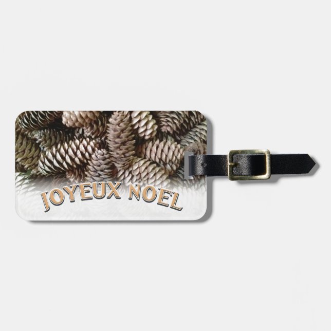 Joyeux Noel Christmas Holiday Pine Cone Luggage Tag (Front Horizontal)