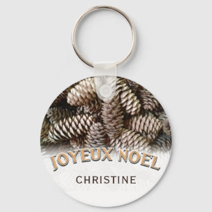 Joyeux Noel Christmas Holiday Pine Cone Name Keychain