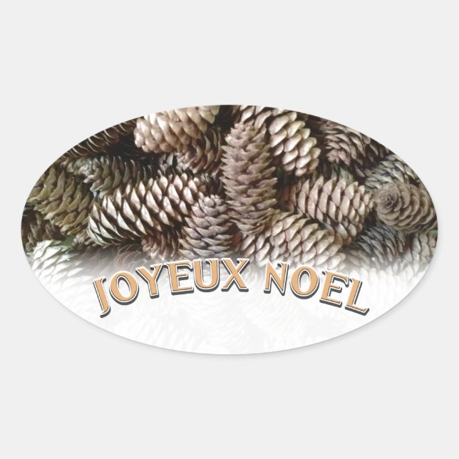 Joyeux Noel Christmas Holiday Pine Cone Oval Sticker (Front)