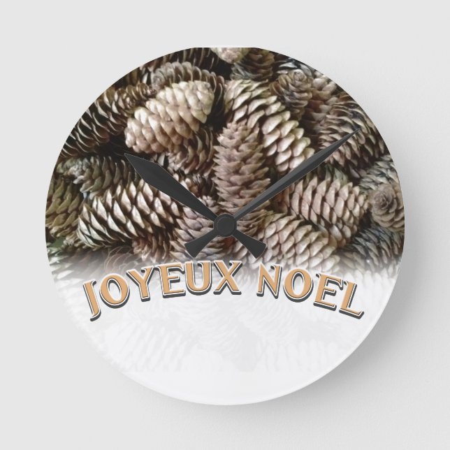 Joyeux Noel Christmas Holiday Pine Cone Round Clock (Front)