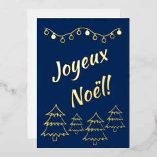 Joyeux Noel Christmas Lights Xmas Tree Blue Foil Holiday Card