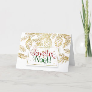 Joyeux Noel Christmas Typography Gold Pines Holiday Card