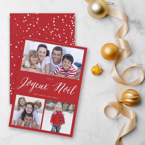 Joyeux Noel Christmas White Script 3 Photo Collage Holiday Card