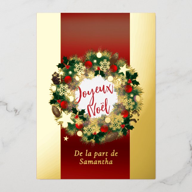 Joyeux Noël Christmas wreath personalizable gold  Foil Holiday Card (Front)
