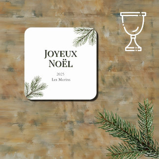 Joyeux Noel - delicate pine branches Square Paper Coaster