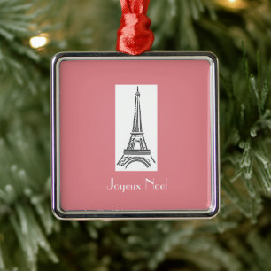 Joyeux Noel Eiffel Tower French Pink Christmas Metal Ornament