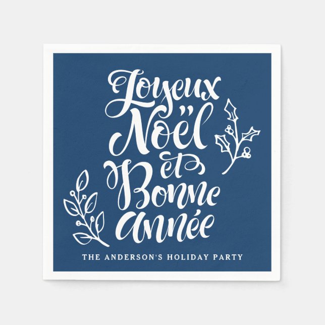 Joyeux Noël et Bonne Année Calligraphy Navy Blue Napkins (Front)