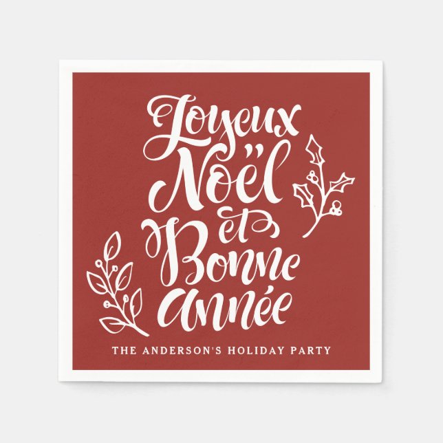Joyeux Noël et Bonne Année Calligraphy Red Napkins (Front)