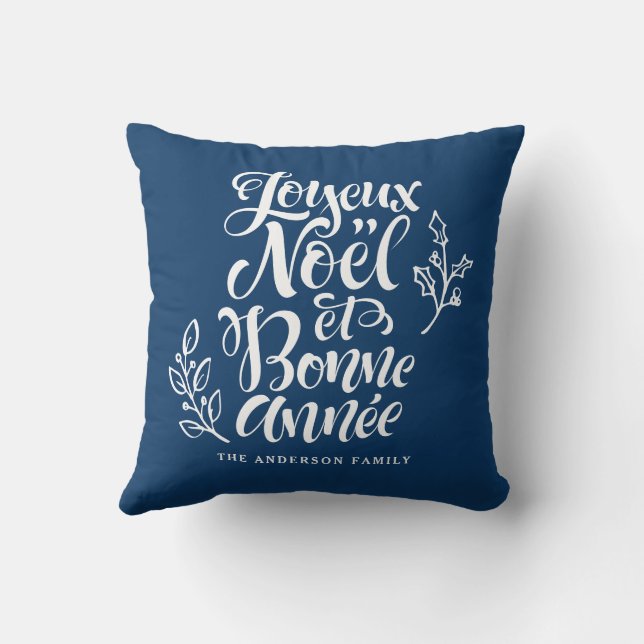 Joyeux Noël et Bonne Année Modern Script Navy Blue Throw Pillow (Back)