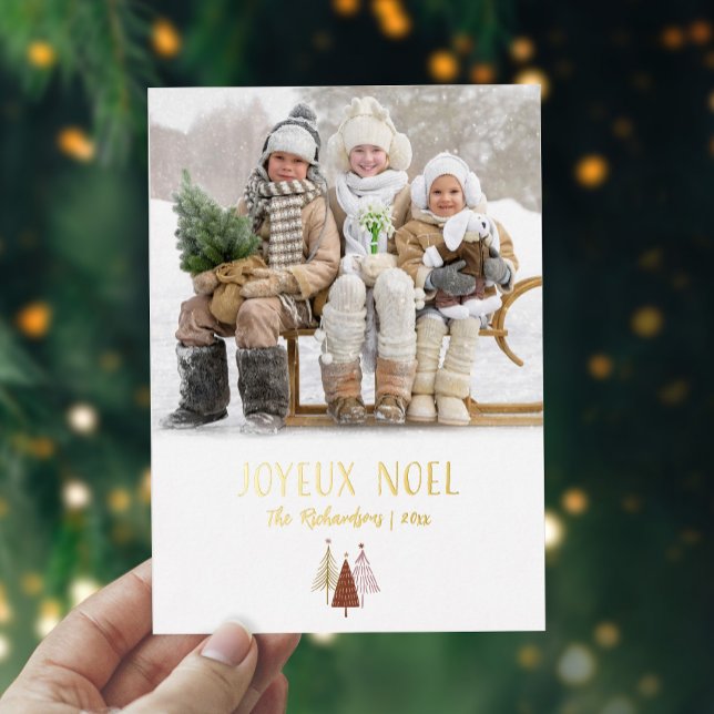 Joyeux Noel Festive Photo Modern Christmas Gold Foil Holiday Card (Creator Uploaded)