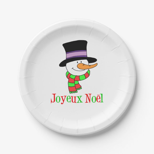 Joyeux Noel French Cartoon Snowman Christmas Paper Plates (Front)