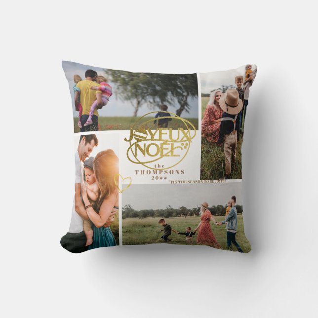 Joyeux Noel French Christmas Four Photo Collage Throw Pillow (Front)