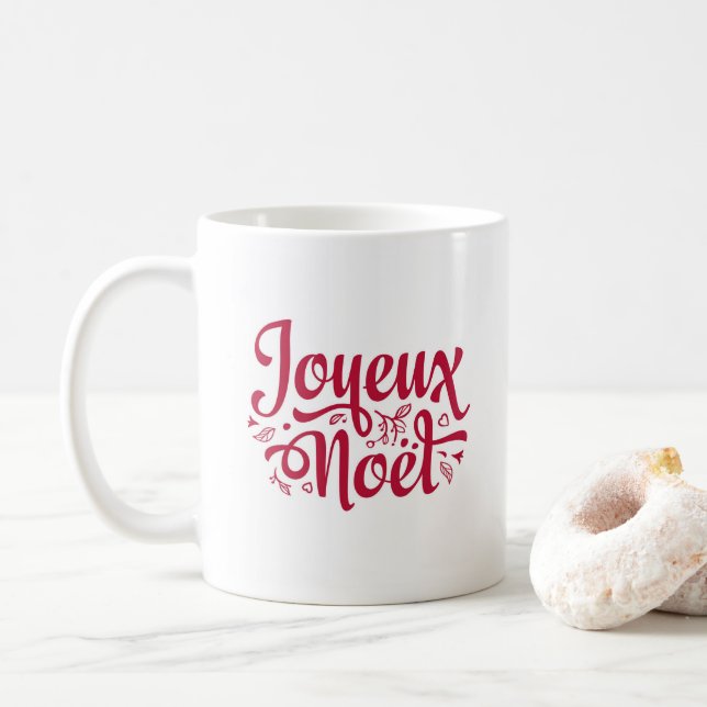 Joyeux Noel French Christmas greeting red white Coffee Mug (With Donut)