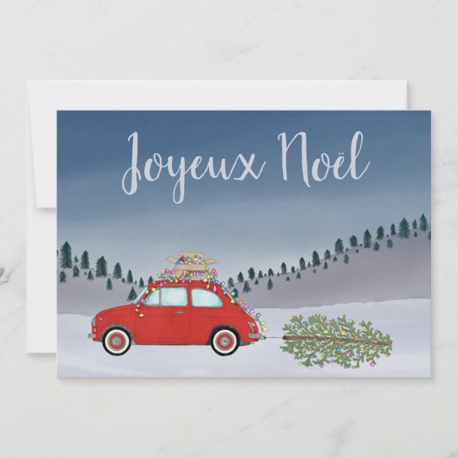 Joyeux noël French Christmas Red Fiat 500  Holiday Card (Front)