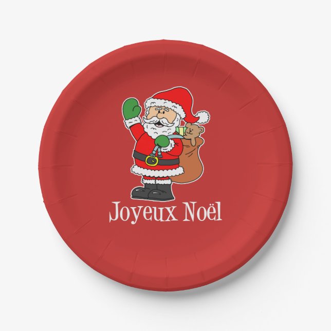 Joyeux Noel French Christmas Santa (ON RED) Paper Plates (Front)