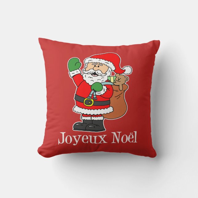 Joyeux Noel French Christmas Santa Throw Pillow (Front)