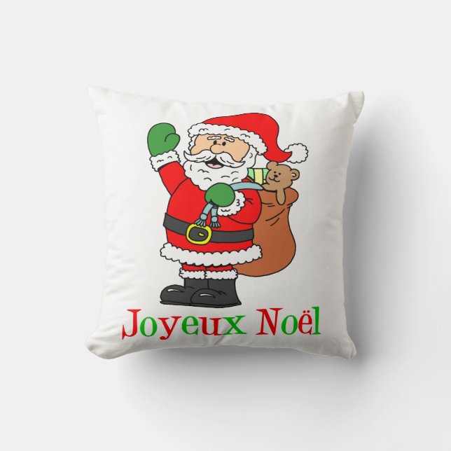 Joyeux Noel French Christmas Santa Throw Pillow (Front)