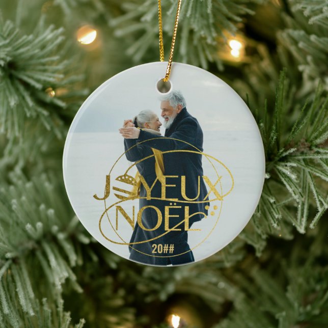Joyeux Noel French Christmas Two Photos Family Ceramic Ornament (Tree)