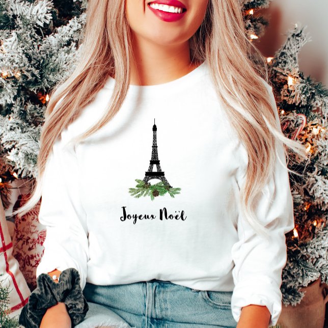Joyeux Noel French Christmas with Eiffel Tower T-Shirt (A stylish Christmas shirt in French with the Eiffel Tower decorated with greenery)
