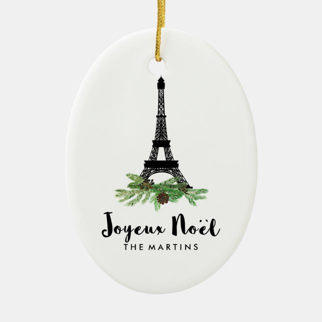 Joyeux Noel French Eiffel Tower Christmas Ceramic Ornament (Front)