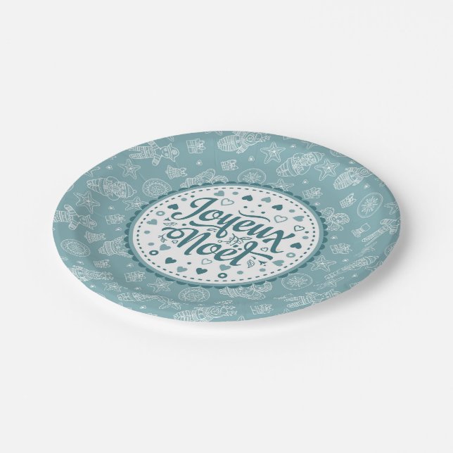 Joyeux Noel french Merry Christmas blue white fun Paper Plates (Angled)