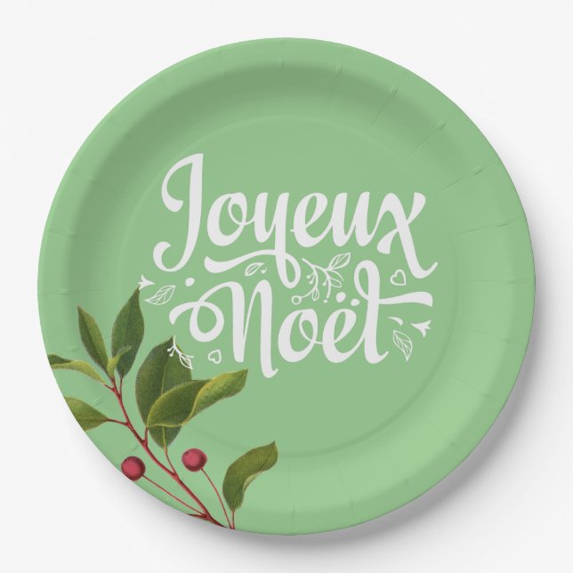 Joyeux Noel French Merry Christmas Red and Green Paper Plates (Front)
