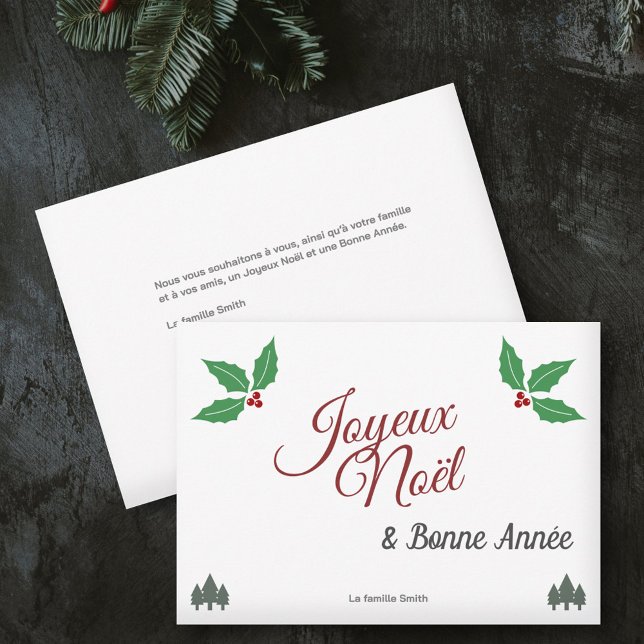 Joyeux Noël, French Merry Christmas with Holly Holiday Card (Joyeux Noël, French Merry Christmas with Holly Holiday Card)