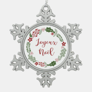 Joyeux Noël, French Merry Christmas Wreath Snowflake Pewter Christmas Ornament