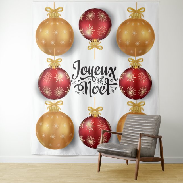 Joyeux Noel French red gold bauble holiday Tapestry (In Situ)