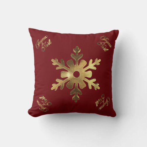Joyeux Noel French Snowflake Red Gold Christmas Throw Pillow