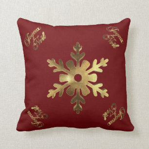 Joyeux Noel French Snowflake Red Gold Christmas Throw Pillow