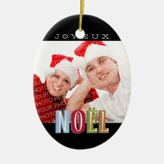 Joyeux Noel funky red green blue christmas holiday Ceramic Ornament (Front)