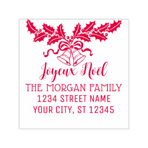 Joyeux Noel Holly and Bells Name Return Address Self-inking Stamp