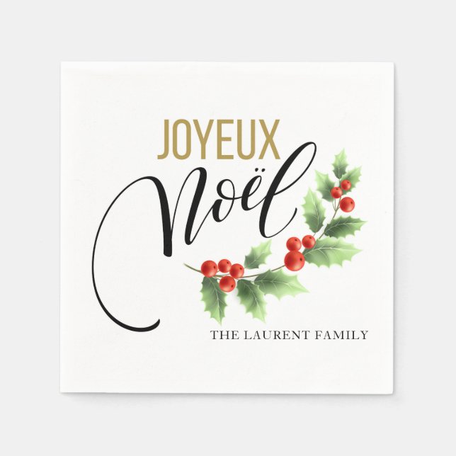 Joyeux Noël Holly Photo Personalized | Christmas Napkins (Front)