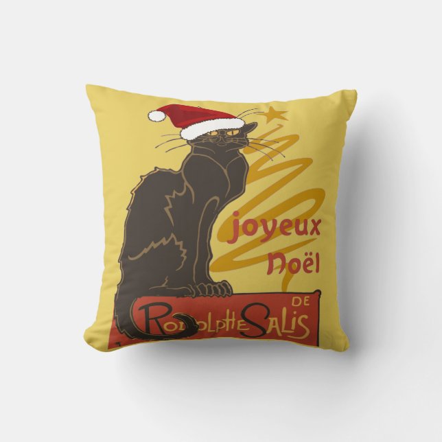 Joyeux Noel Le Chat Noir With Stylized Golden Tree Throw Pillow (Front)