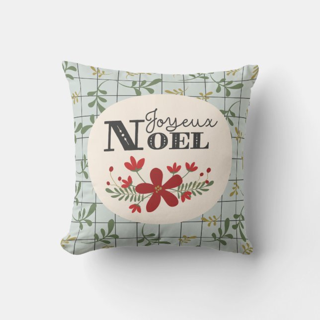 Joyeux Noel Leafy Pattern and Floral Christmas Throw Pillow (Front)